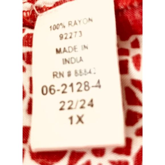 DREAMS & CO. SHORT SLV TIE- UP V-NECK TUNIC LOUNGER, WOMENS, 1X 22/24-RED/WHITE - Picture 11 of 12